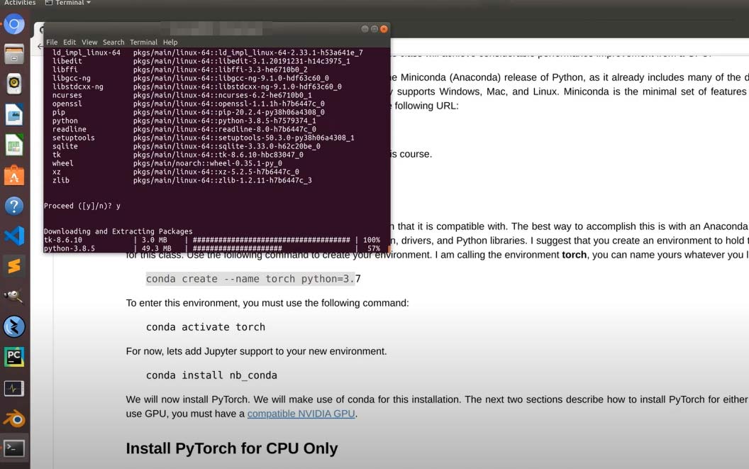 screenshot of pytorch installing on ununtu laptop 