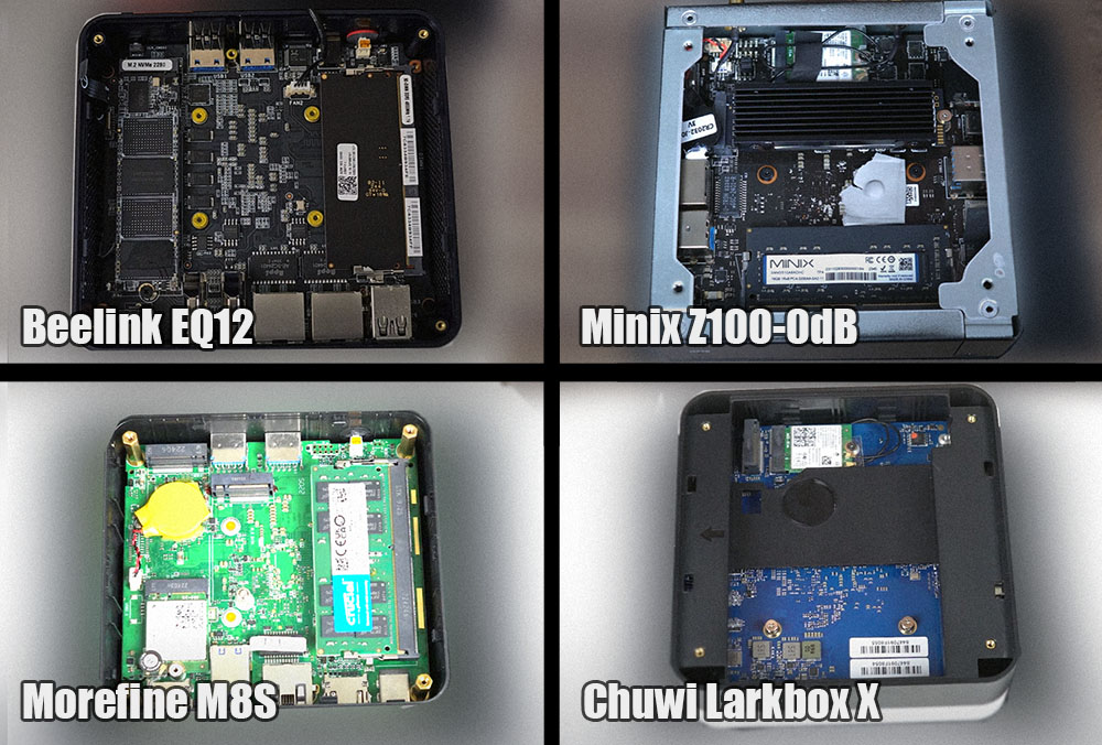 beelink eq12, minix z100-0db, morefine m8s, chuwi larkbox x mini n100 computers opened and their motherboard is  visible