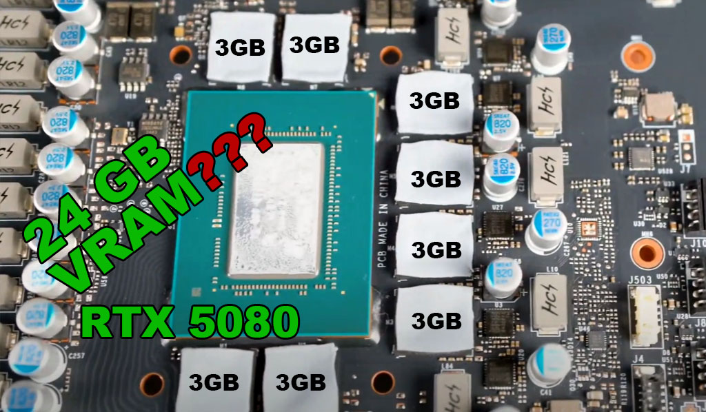 rtx 5080 pcb with possible 8x3gb memory chips